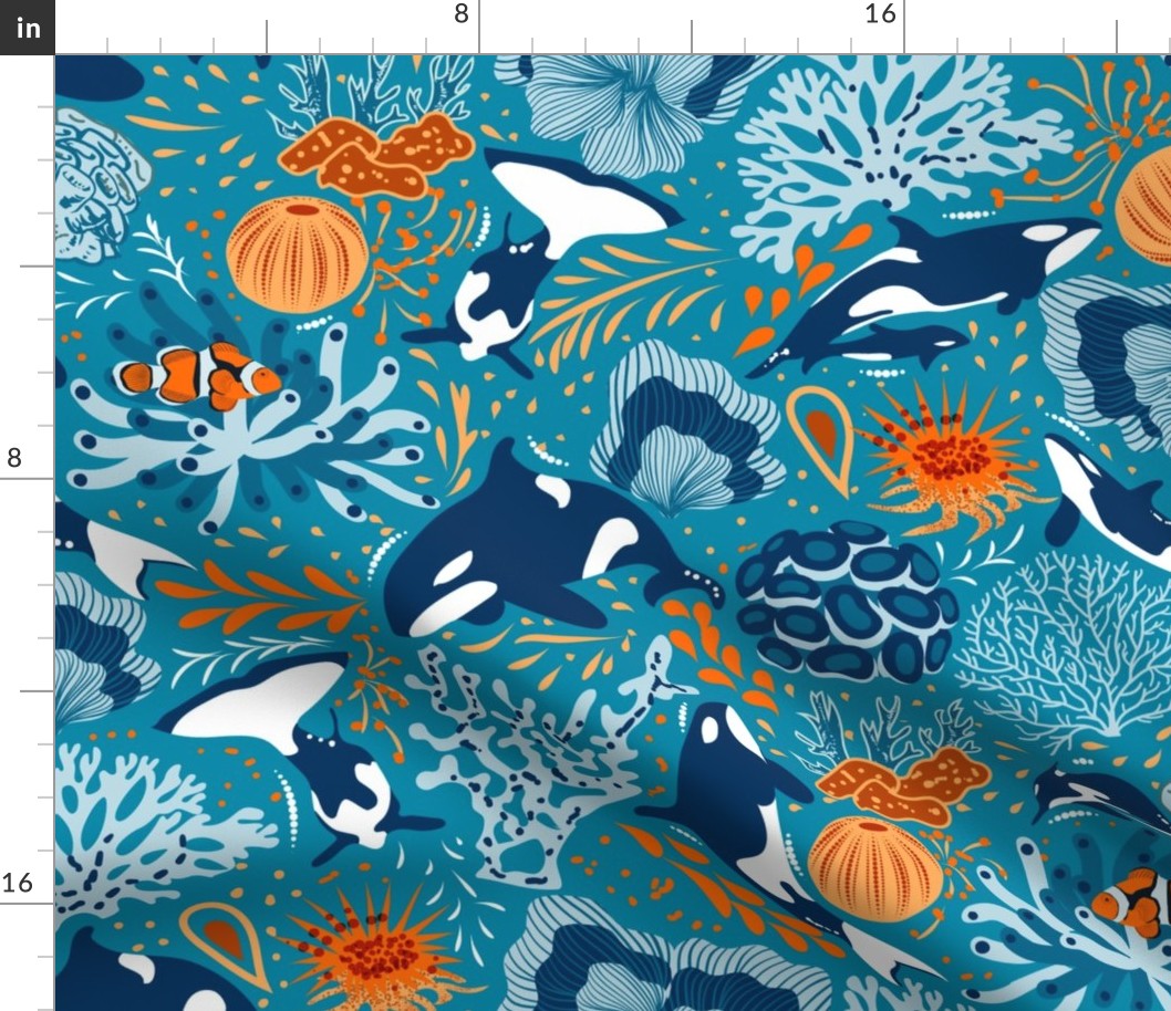 Ocean Harmony- Teamwork Underwater- Midnight Sky White Orange on Cerulean Blue- Large Scale