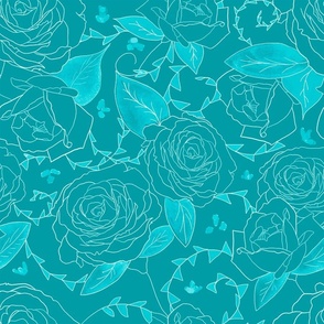 Turquoise Roses floral pattern monochromatic, elegant and romantic.