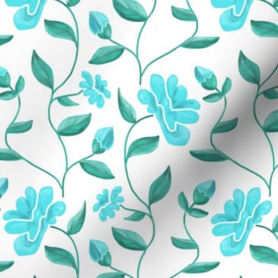  Blooming Vines in Turquoise and Mint Green on White