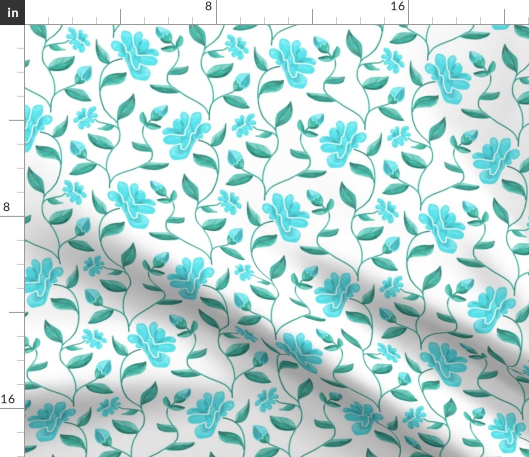  Blooming Vines in Turquoise and Mint Green on White
