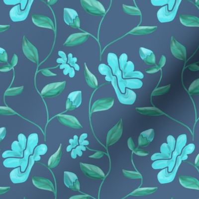  Blooming Vines in Turquoise and Mint Green on Colonial Blue