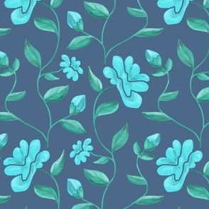  Blooming Vines in Turquoise and Mint Green on Colonial Blue