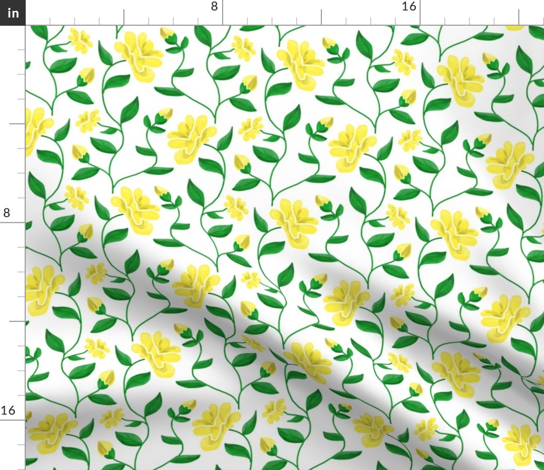 Blooming Vines in Green and Yellow on White