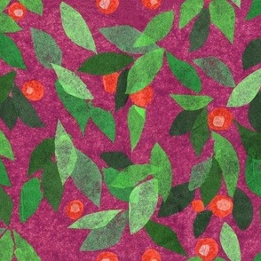 Berries and Leaves Paper Collage Floral Pattern Purple Red Green 