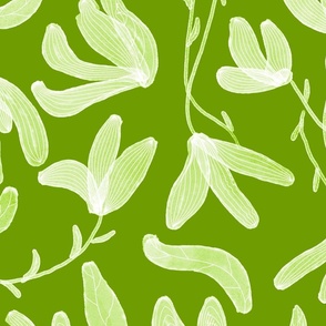 Floral pattern with green background and white flowers. Large scale and watercolor effect