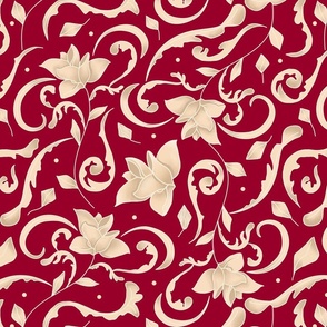 Elegant "Flowery Damask" Christmas pattern with beige flowers and red background. 
