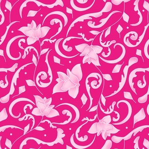 Damask floral pattern with pink flowers and fucsia background. Elegant design