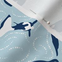 Ocean Harmony- Pod of Killer Whales- Midnight White Orcas on Sky Blue- Regular Scale