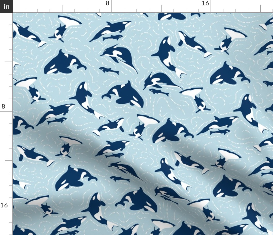Ocean Harmony- Pod of Killer Whales- Midnight White Orcas on Sky Blue- Regular Scale