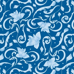 Damask floral pattern with light blue flowers and blue background. Elegant and monochromatic.