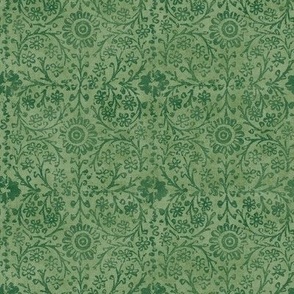 Indian Woodblock in Moss Green | Vintage Indian fabric print on linen texture in shades of green, rustic block print, hand printed pattern, boho floral.