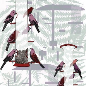 Finches at Birdfeeder, ferns, greyed reds,3”, 4” feeders width