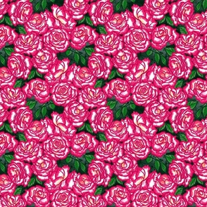 Colorful rose flowers seamless pattern. Floral botanical texture, designer  paper with hand drawn pink flower, green leaves and foliage on warm pastel  pink background. Vintage style wallpaper Stock Illustration