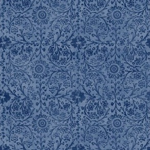 Indian Woodblock in Indigo | Vintage Indian fabric print on linen texture in shades of deep blue, rustic block print, hand printed pattern, boho floral.