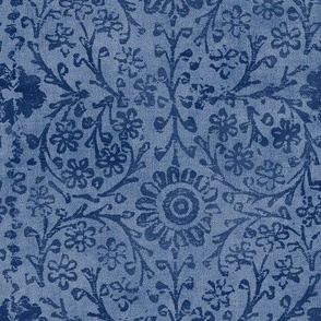 Indian Woodblock in Indigo (xl scale) | Vintage Indian fabric print on linen texture in shades of deep blue, rustic block print, hand printed pattern, boho floral.