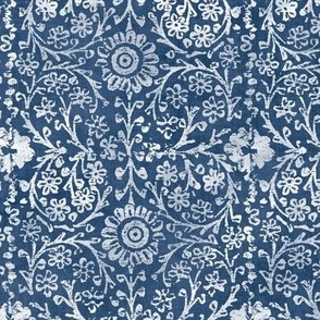 Indian Woodblock, White on Indigo (large scale) | Vintage Indian fabric print on linen texture in blue and white, rustic block print, hand printed pattern, boho floral.