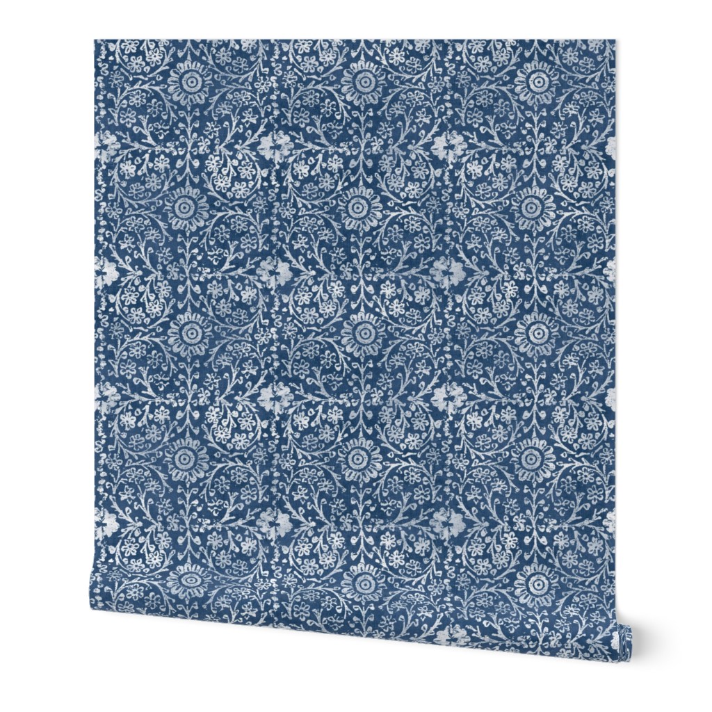 Indian Woodblock, White on Indigo (xl scale) | Vintage Indian fabric print on linen texture in blue and white, rustic block print, hand printed pattern, boho floral.