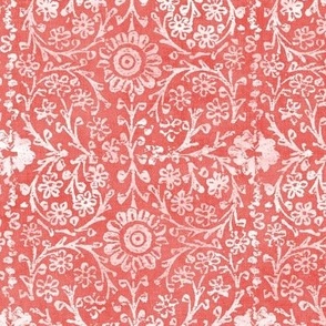 Indian Woodblock, White on Coral Red (large scale) | Vintage Indian fabric print on linen texture in red and white, rustic block print, hand printed pattern, boho floral.