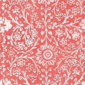 Indian Woodblock, White on Coral Red (xl scale) | Vintage Indian fabric print on linen texture in red and white, rustic block print, hand printed pattern, boho floral.