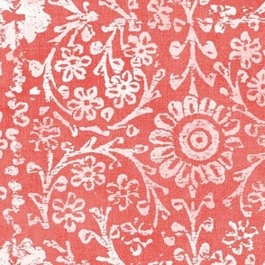 Indian Woodblock, White on Coral Red (xxl scale) | Vintage Indian fabric print on linen texture in red and white, rustic block print, hand printed pattern, boho floral.