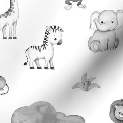 Gray Watercolor Safari Jungle Animals Monochrome