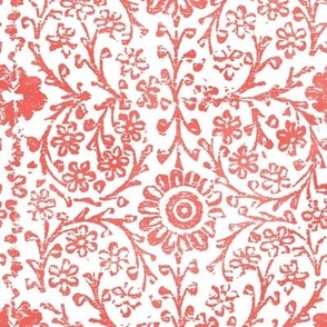 Indian Woodblock in Coral Red (xl scale) | Vintage Indian fabric print on linen texture in red and white, rustic block print, hand printed pattern, boho floral.