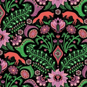 Jumping foxes maximalist folk floral damask - peony, coral and grass on black - large