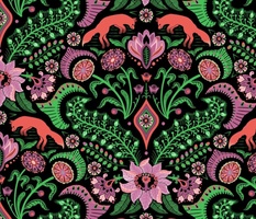 Jumping foxes maximalist folk floral - peony, coral and grass on black - large