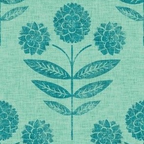 Mina's Blooms - small repeat version - Emerald on Pine green linen