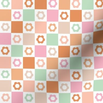 Retro minimalist flower power daisies on checker plaid design vintage seventies summer floral mint pink burnt orange 