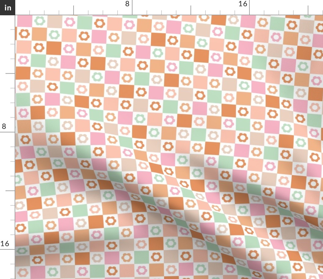 Retro minimalist flower power daisies on checker plaid design vintage seventies summer floral mint pink burnt orange 