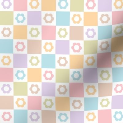 Retro minimalist checkerboard  flower power daisies on checker plaid design vintage seventies summer floral blue mint pink beige on white