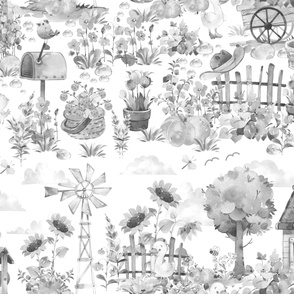 Gray Watercolor Floral Cottage Garden - Large