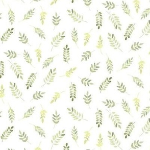 Watercolor  leaves  in monochromatic soft spring time tones of greens - for apparel, baby burp cloths, baby onesies, elegant lingerie, silky robes
