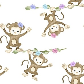Watercolor Safari Jungle Monkeys Girl