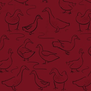 Duck Doodles, black on deep red, large