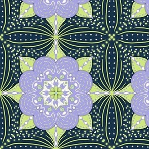 Midnight blue Shashiko crosses with honeydew and lilac lateraled mandalas small