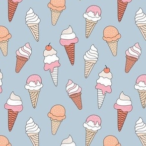 Summer ice cream cone boho snack time whipped cream and sugar sprinkles vintage seventies palette orange pink on moody blue