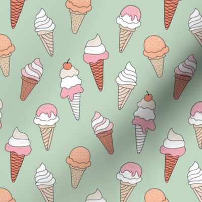 Summer ice cream cone boho snack time whipped cream and sugar sprinkles vintage seventies palette blush pink orange on mint green 