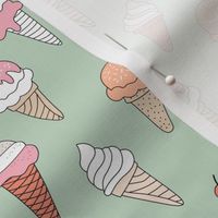 Summer ice cream cone boho snack time whipped cream and sugar sprinkles vintage seventies palette blush pink orange on mint green 