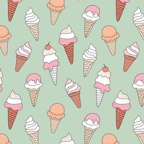 Summer ice cream cone boho snack time whipped cream and sugar sprinkles vintage seventies palette blush pink orange on mint green 