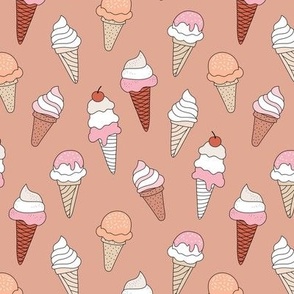 Summer ice cream cone boho snack time whipped cream and sugar sprinkles vintage seventies palette beige orange peach stone red on coral blush
