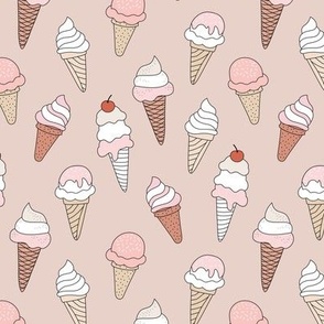 Summer ice cream cone boho snack time whipped cream and sugar sprinkles vintage seventies palette blush orange pink on gray 