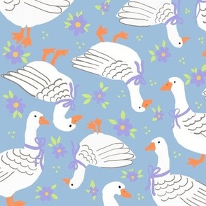 Petal Coordinates - Happy white geese in the farmyard meadow of purple flowers on a baby blue background - for kids decor, nursery accessories, kids apparel, table linen, bed linen.