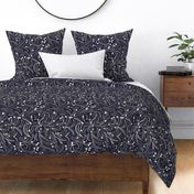 Bicolor "Spring at night" floral pattern with white flowers and blue background. Large Scale.