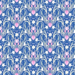 Art Nouveau lilies 8 inch blue pink by Pippa Shaw