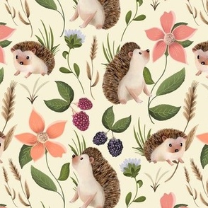 Hedgehogs with Flowers on Light Yellow