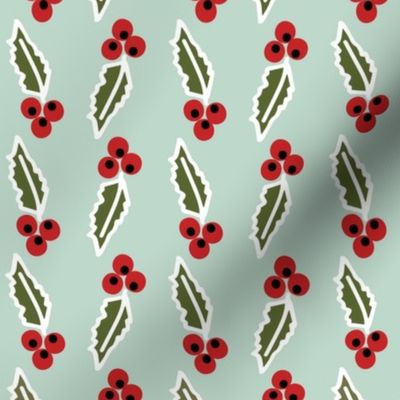 Christmas holly and berries on mint green
