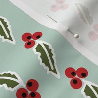 Christmas holly and berries on mint green