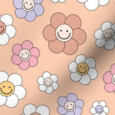 Smiley daisies sweet vintage style cute happy day floral print for summer boho vibes beige white orange blush lilac seventies palette  LARGE